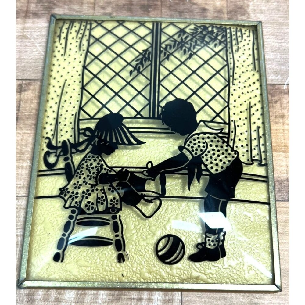 Vintage Reverse Painted Glass Art With Children Scene  Brass Frame Arched Glass